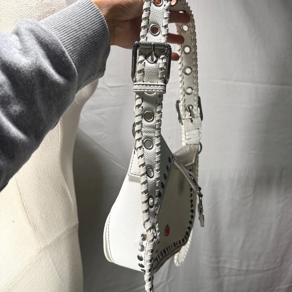 White Studded Shoulder Bag‎ Silver Studs Adjustable Strap Grunge purse